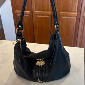 Fox Head Black Leather Shoulder Bag with Gold Hardware